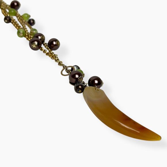 Necklace Horn Pendant Acrylic Brown Green Beads 2-Strand Chain Gold Tone Boho - Picture 5 of 11